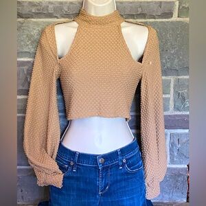NWT Cider,long sleeve,high neck crop top,bare shoulders,tan textured knit, XS